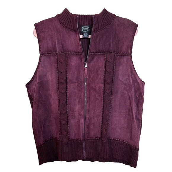 Jackets & Blazers - Designers Studio Originals Leather Knit Vest Burgundy Full Zip Size XL‎ Cabin